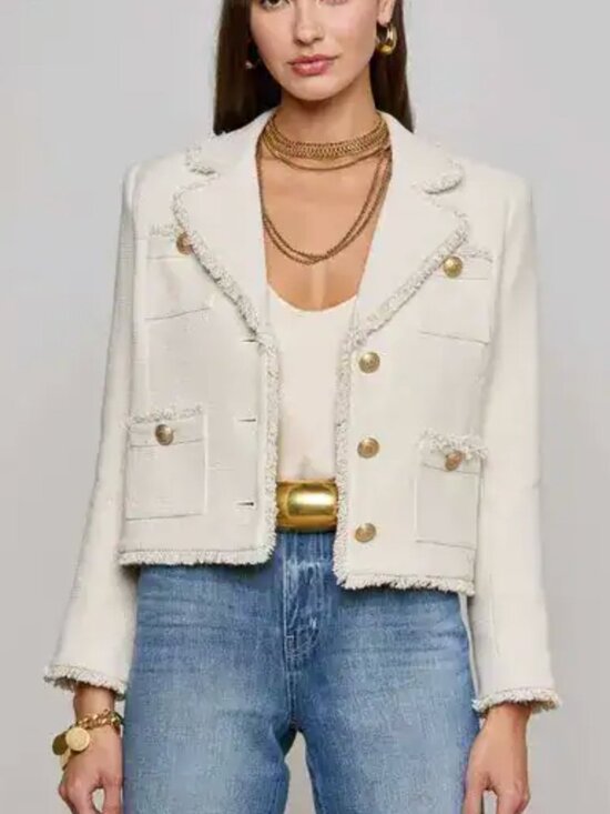 L'AGENCE Jackets & Blazers - NWT L’AGENCE Sylvia Collard Tweed Jacket Ivory Gold Fringe Blazer Sz 0 business